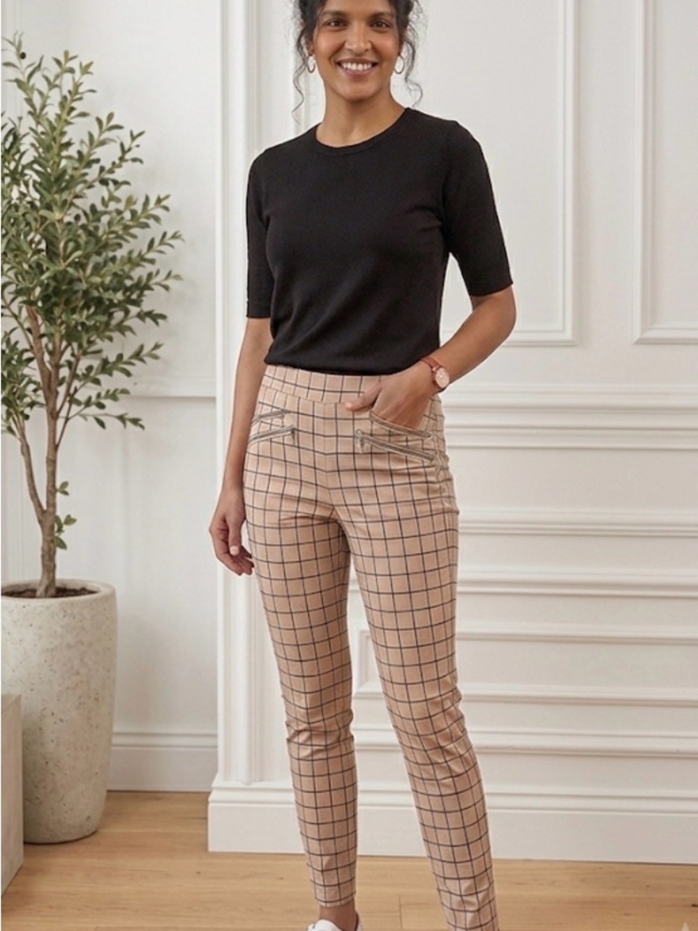 Joseph Ribkoff Beige Windowpane Trousers - Comfortable Stretch Fabric